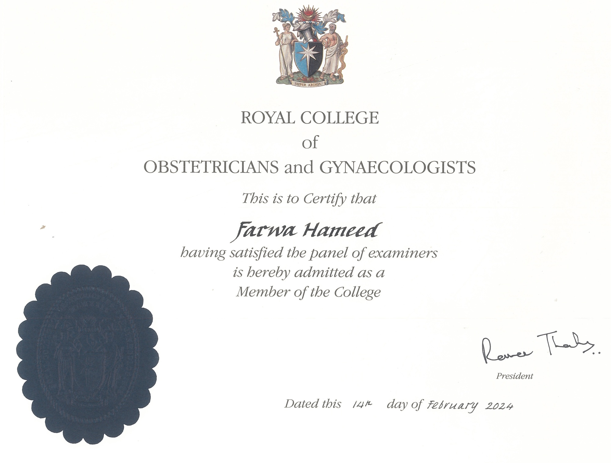 MRCOG Certificate - Professional Medical Qualification of Dr. Farwa Hameed