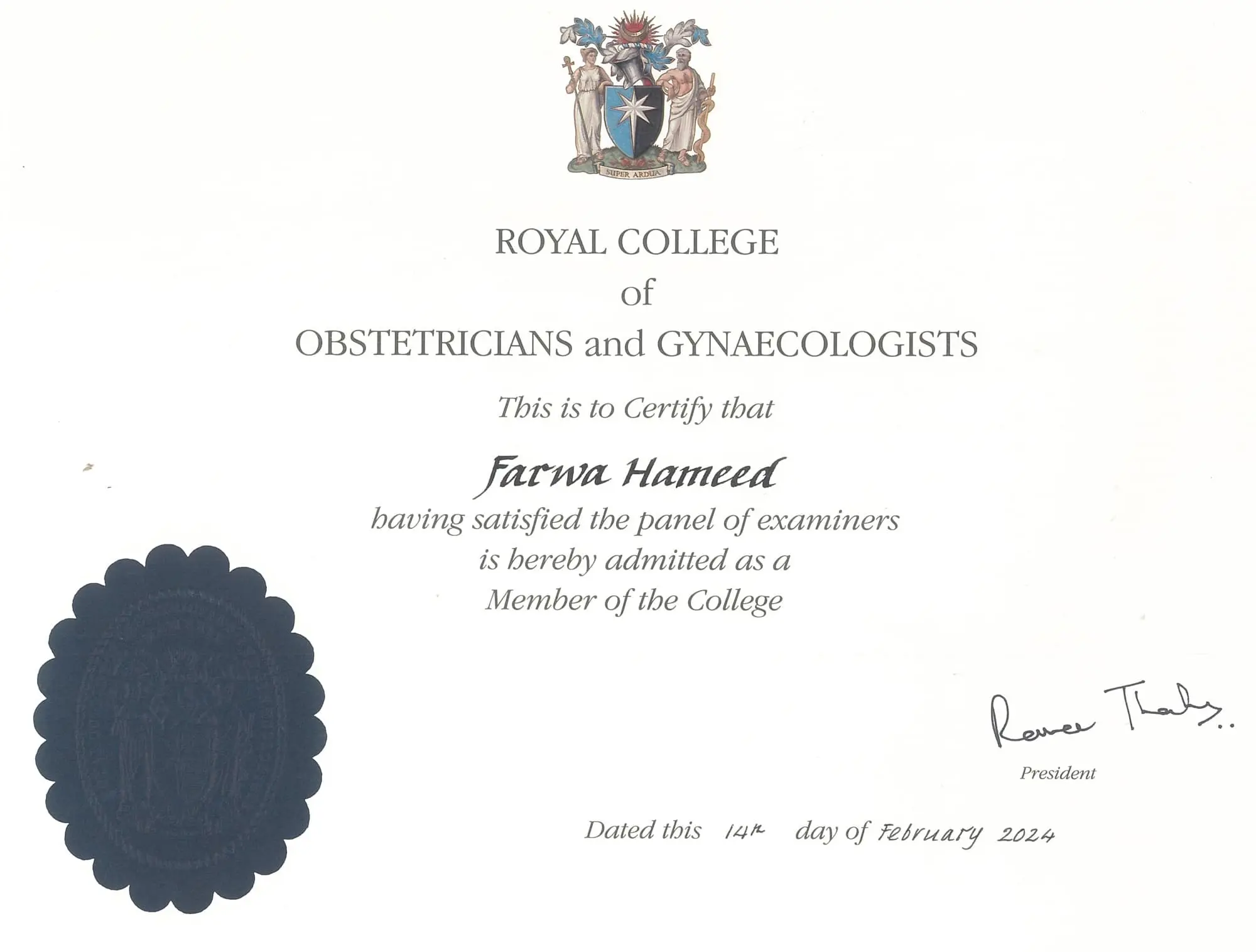 MRCOG Certificate - Professional Medical Qualification of Dr. Farwa Hameed